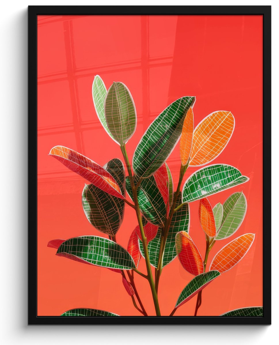 FrameYourWall Poster in lijst - Fotolijst 60x80 cm - Posters - Bladeren - Nerven - Oranje - Structuur - Posterlijst zwart - Decoratie - Wanddecoratie woonkamer - Muurdecoratie slaapkamer Bladeren - Nerven - Structuur