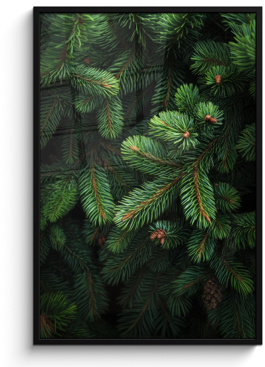 FrameYourWall Poster in lijst - Fotolijst 80x120 cm - Posters - Sparrentakken - Knoppen - Naalden - Groen - Posterlijst zwart - Decoratie - Wanddecoratie woonkamer - Muurdecoratie slaapkamer