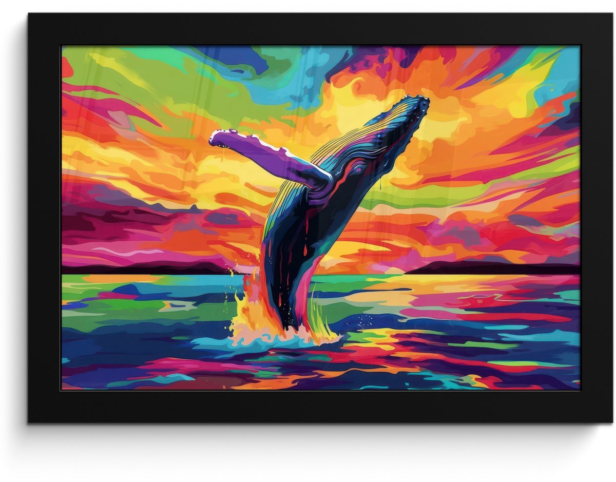 FrameYourWall Poster in lijst - Fotolijst 30x20 cm - Posters - Zonsondergang - Walvis - Geschilderd - Kleurrijk - Posterlijst zwart - Decoratie - Wanddecoratie woonkamer - Muurdecoratie slaapkamer Walvis - Kleurrijk
