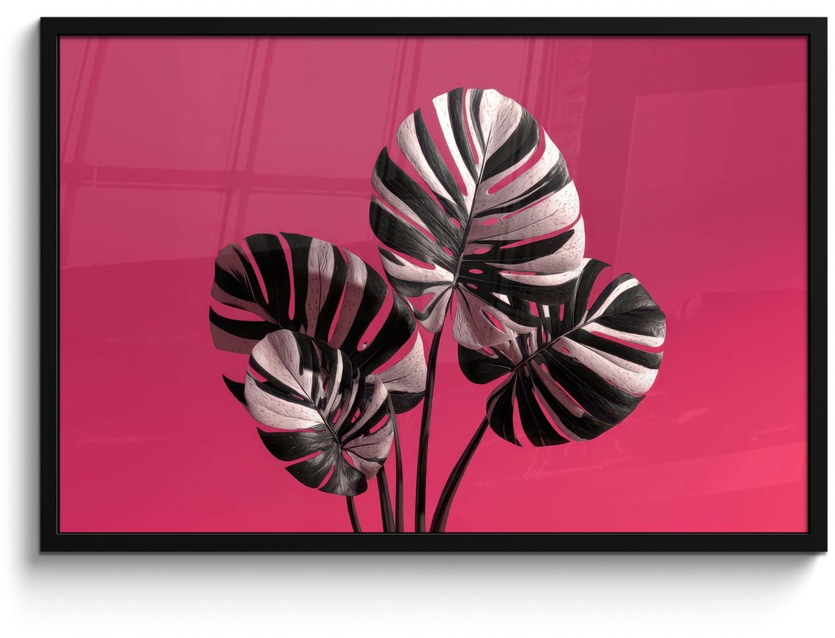 FrameYourWall Poster in lijst - Fotolijst 90x60 cm - Posters - Bladeren - Rond - Roze - Posterlijst zwart - Decoratie - Wanddecoratie woonkamer - Muurdecoratie slaapkamer