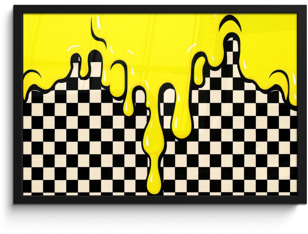 FrameYourWall Poster in lijst - Fotolijst 60x40 cm - Posters - Geblokt - Grafisch - Vloeistof - Geel - Posterlijst zwart - Decoratie - Wanddecoratie woonkamer - Muurdecoratie slaapkamer