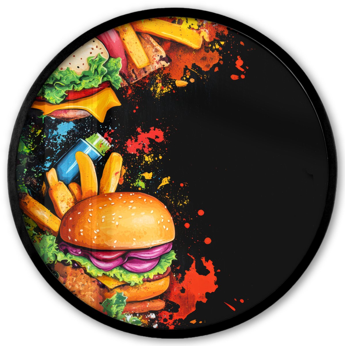 FrameYourWall Poster in lijst Rond - Fotolijst 40x40 cm - Posters - Fastfood - Graffiti - Hamburger - Eten - Modern - Ronde posterlijst zwart - Decoratie - Wanddecoratie woonkamer - Muurdecoratie slaapkamer
