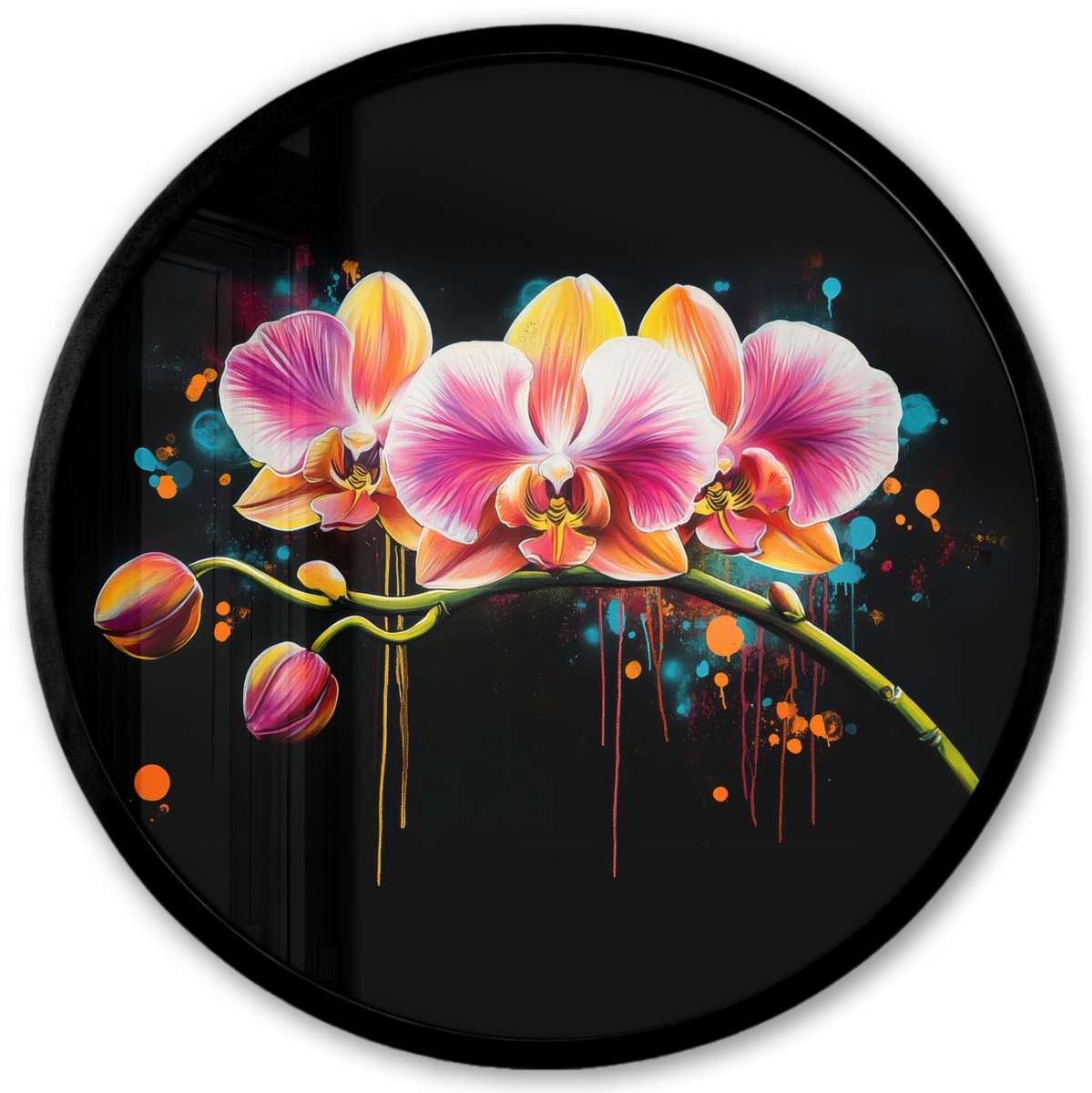 FrameYourWall Poster in lijst Rond - Fotolijst 40x40 cm - Posters - Orchidee - Graffiti - Kleurrijk - Bloemen - Abstract - Ronde posterlijst zwart - Decoratie - Wanddecoratie woonkamer - Muurdecoratie slaapkamer Graffiti - Orchidee