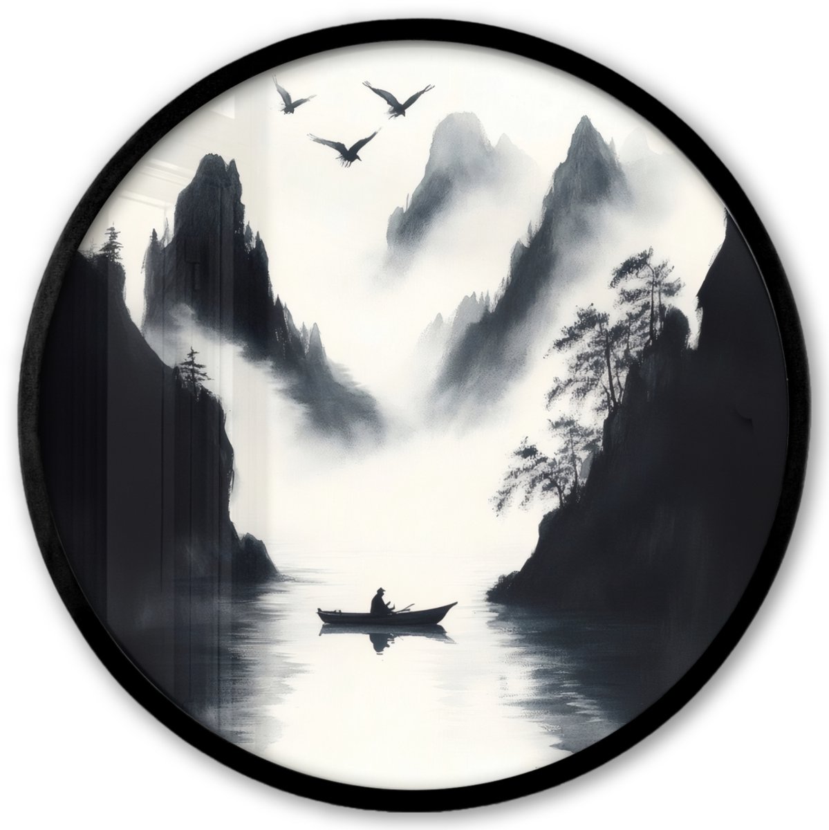 FrameYourWall Poster in lijst Rond - Fotolijst 40x40 cm - Posters - Roeiboot - Mistig - Bergen - Vogels - Ronde posterlijst zwart - Decoratie - Wanddecoratie woonkamer - Muurdecoratie slaapkamer Roeibooit - Bergen