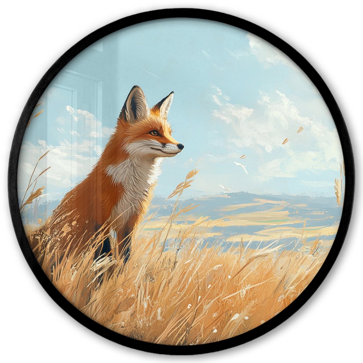 FrameYourWall Poster in lijst Rond - Fotolijst 40x40 cm - Posters - Vos - Gras - Wolken - Oranje - Ronde posterlijst zwart - Decoratie - Wanddecoratie woonkamer - Muurdecoratie slaapkamer Vos - Natuur