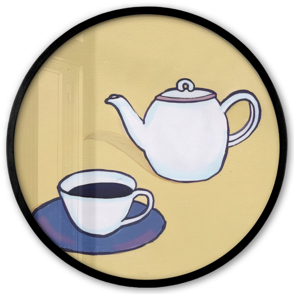 FrameYourWall Poster in lijst Rond - Fotolijst 40x40 cm - Posters - Theepot - Kopje - Beige - Illustratie - Ronde posterlijst zwart - Decoratie - Wanddecoratie woonkamer - Muurdecoratie slaapkamer