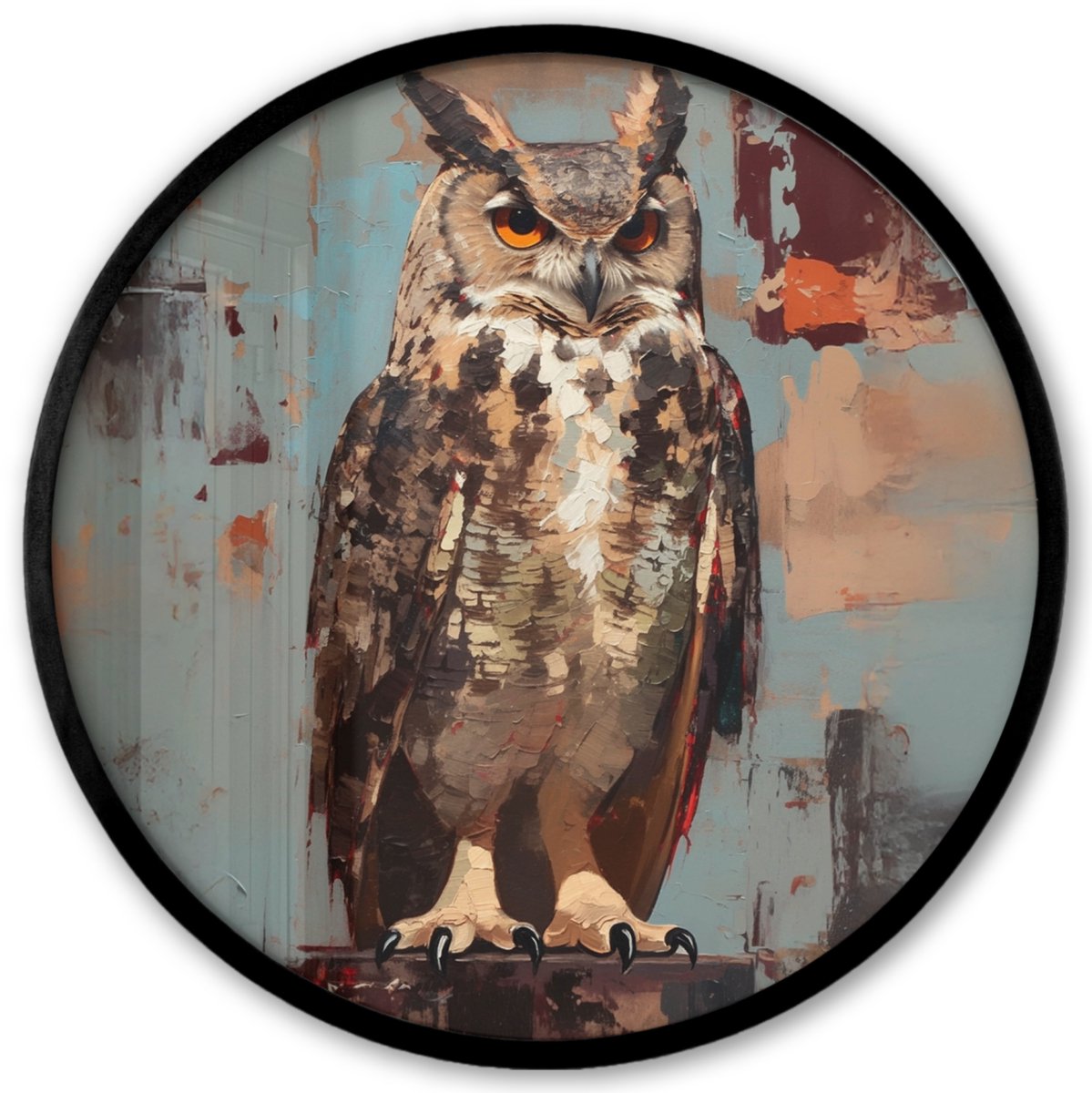 FrameYourWall Poster in lijst Rond - Fotolijst 40x40 cm - Posters - Geschilderd - Abstract - Uil - Bruin - Ronde posterlijst zwart - Decoratie - Wanddecoratie woonkamer - Muurdecoratie slaapkamer