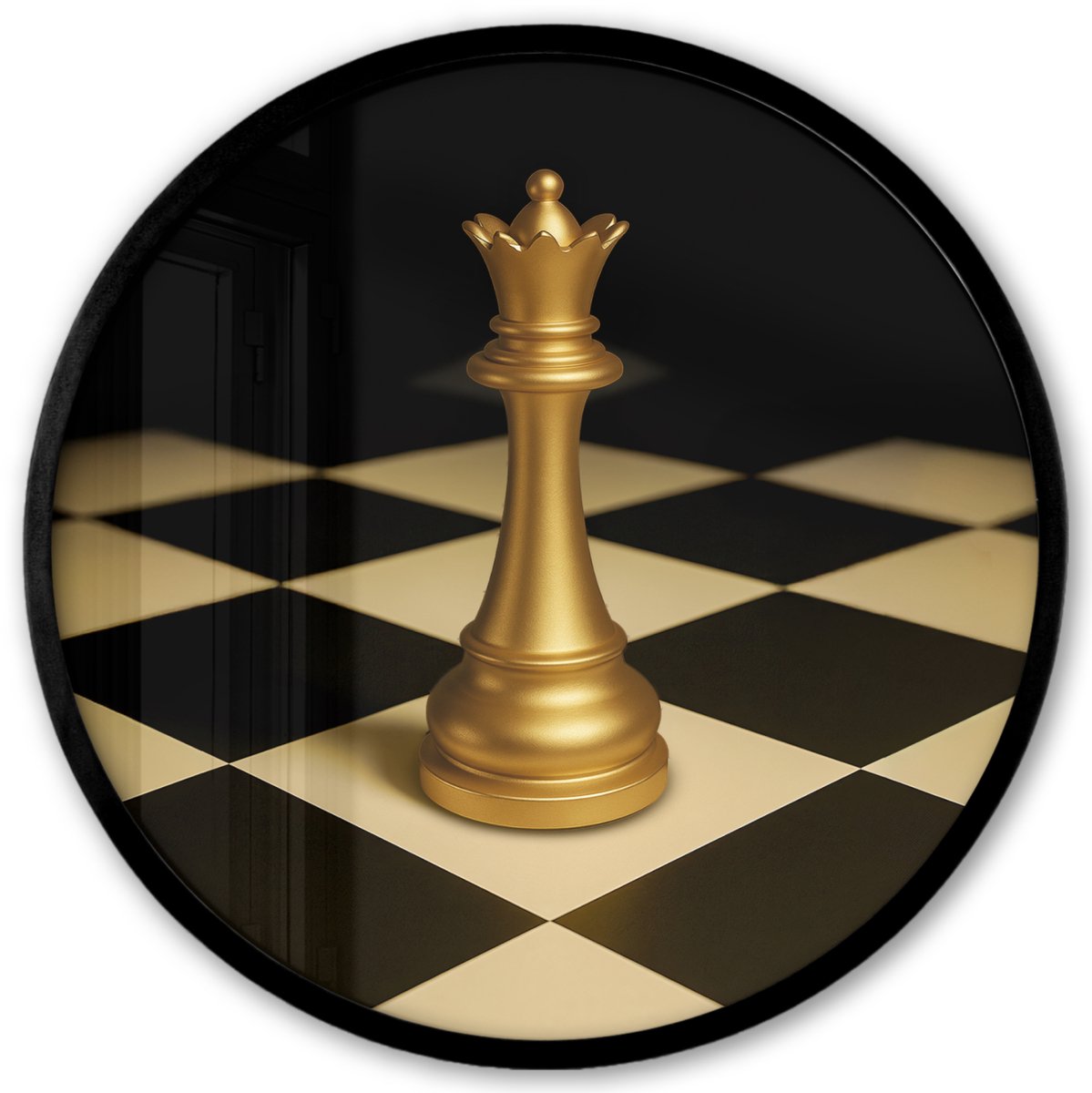 FrameYourWall Poster in lijst Rond - Fotolijst 40x40 cm - Posters - Koningin - Schaakstuk - Geblokt - Goud - Ronde posterlijst zwart - Decoratie - Wanddecoratie woonkamer - Muurdecoratie slaapkamer Schaakbord - Koningin