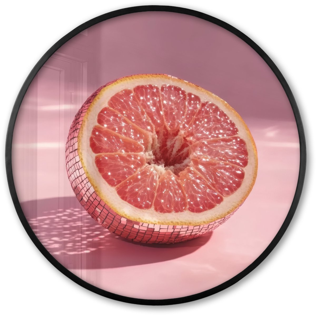 FrameYourWall Poster in lijst Rond - Fotolijst 80x80 cm - Posters - Grapefruit - Roze - Disco - Shiny - Ronde posterlijst zwart - Decoratie - Wanddecoratie woonkamer - Muurdecoratie slaapkamer Disco - Fruit
