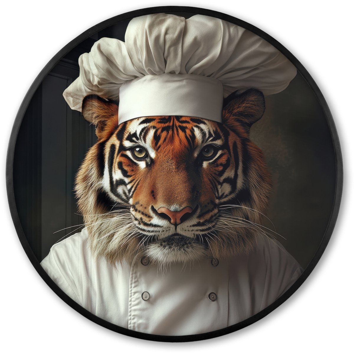 FrameYourWall Poster in lijst Rond - Fotolijst 60x60 cm - Posters - Tijger - Kokskleding - Bruin - Ronde posterlijst zwart - Decoratie - Wanddecoratie woonkamer - Muurdecoratie slaapkamer