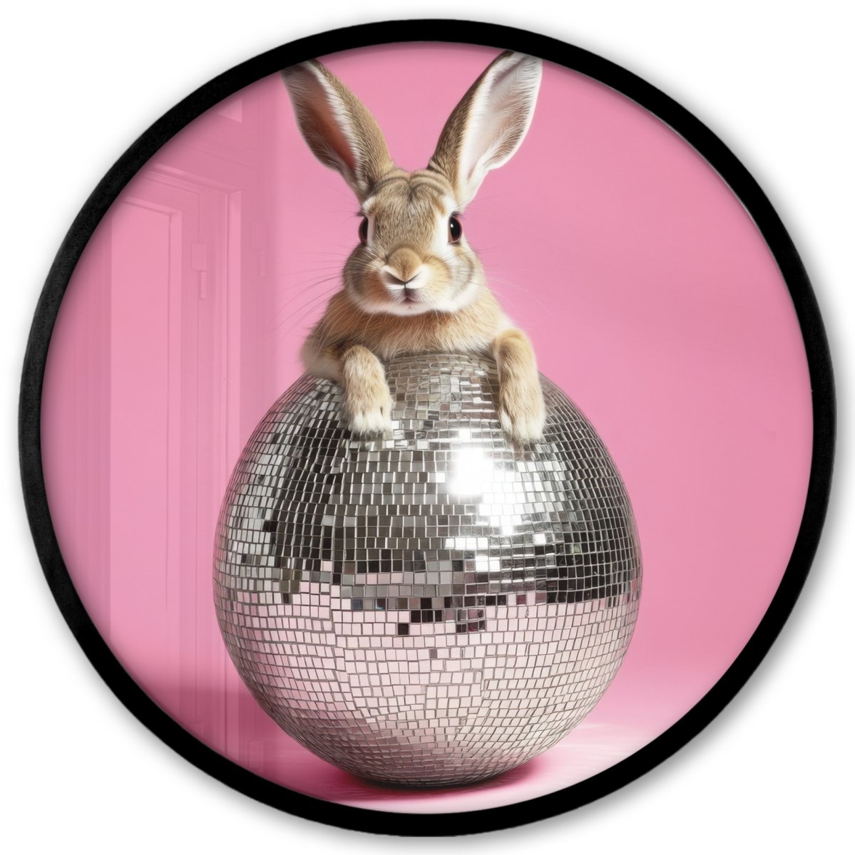 FrameYourWall Poster in lijst Rond - Fotolijst 40x40 cm - Posters - Haas - Strik -Discobal - Ronde posterlijst zwart - Decoratie - Wanddecoratie woonkamer - Muurdecoratie slaapkamer Paashaas - Disco
