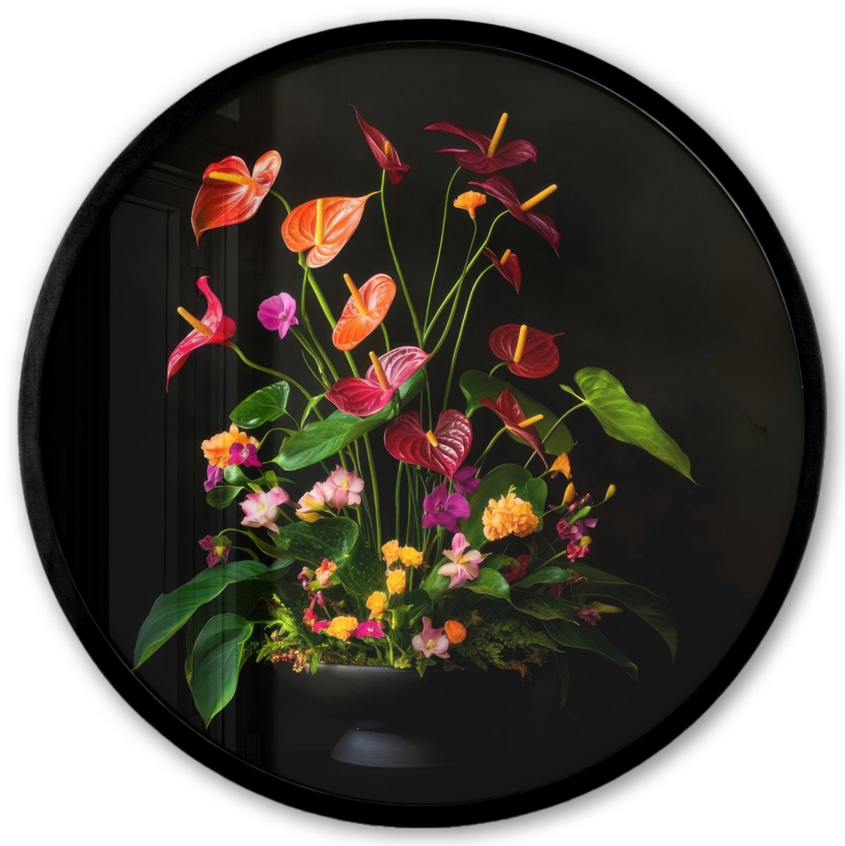 FrameYourWall Poster in lijst Rond - Fotolijst 40x40 cm - Posters - Bloemen - Vaas - Kleurrijk - Ronde posterlijst zwart - Decoratie - Wanddecoratie woonkamer - Muurdecoratie slaapkamer Boeket - Bloemen 1