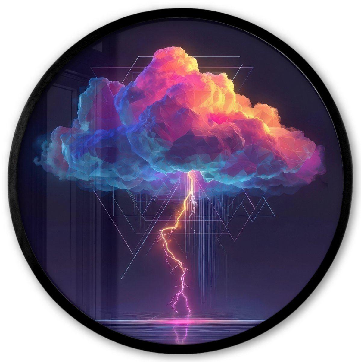 FrameYourWall Poster in lijst Rond - Fotolijst 40x40 cm - Posters - Donderwolk - Bliksemschicht - Licht - Blauw - Ronde posterlijst zwart - Decoratie - Wanddecoratie woonkamer - Muurdecoratie slaapkamer Wolk - Bliksemschicht - Driehoeken
