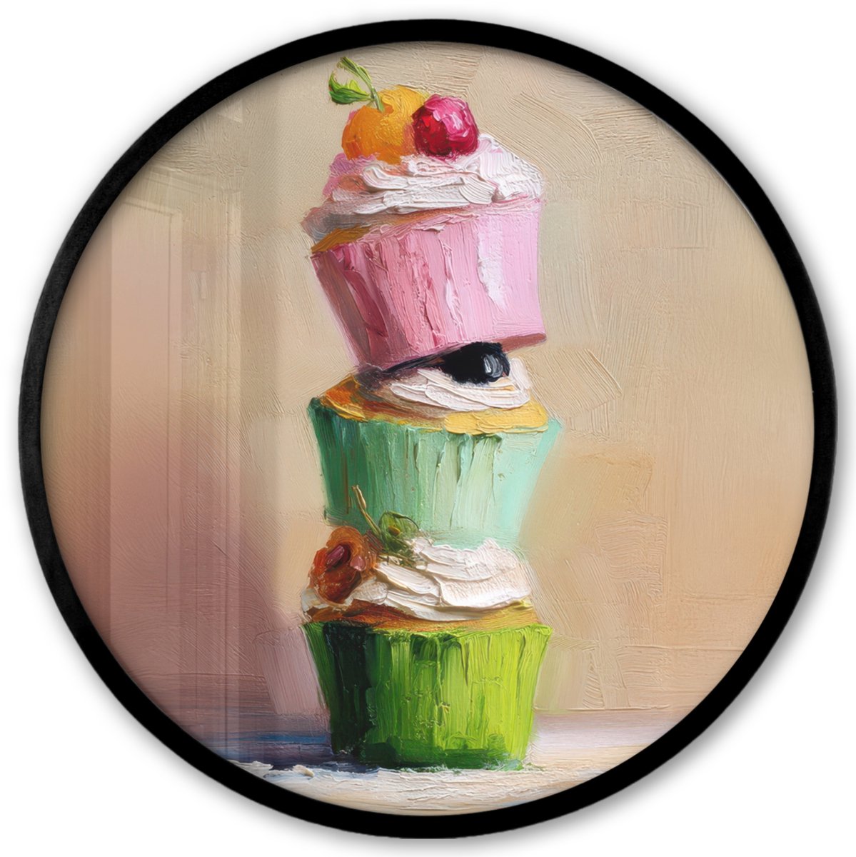 FrameYourWall Poster in lijst Rond - Fotolijst 40x40 cm - Posters - Cupcakes - Gestapeld - Kleurrijk - Fruit - Ronde posterlijst zwart - Decoratie - Wanddecoratie woonkamer - Muurdecoratie slaapkamer