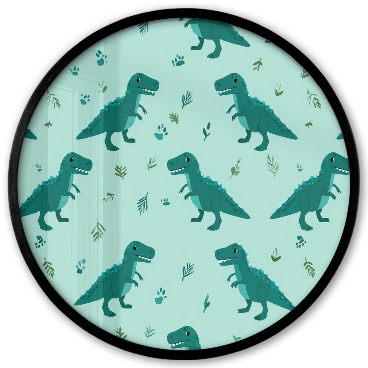 FrameYourWall Poster in lijst Rond - Fotolijst 40x40 cm - Posters - Donkergroen - Dinosaurussen - Afdrukken - Bladeren - Ronde posterlijst zwart - Decoratie - Wanddecoratie woonkamer - Muurdecoratie slaapkamer Dinosaurussen - Bladeren
