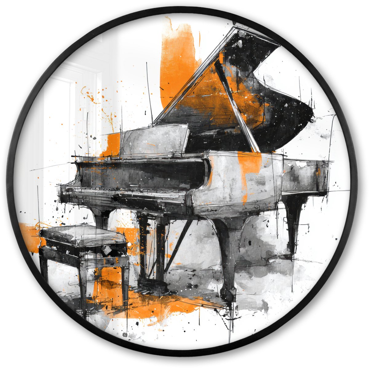 FrameYourWall Poster in lijst Rond - Fotolijst 60x60 cm - Posters - Piano - Oranje - Zwart - schets lijnen - Ronde posterlijst zwart - Decoratie - Wanddecoratie woonkamer - Muurdecoratie slaapkamer