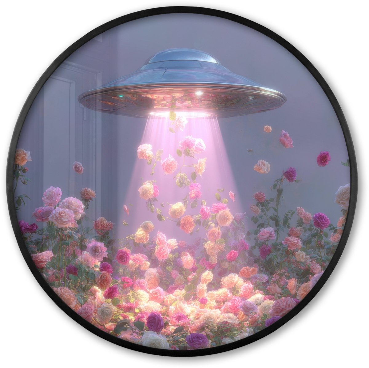 FrameYourWall Poster in lijst Rond - Fotolijst 80x80 cm - Posters - Ufo - Rozen - Pastelkleuren - Ronde posterlijst zwart - Decoratie - Wanddecoratie woonkamer - Muurdecoratie slaapkamer