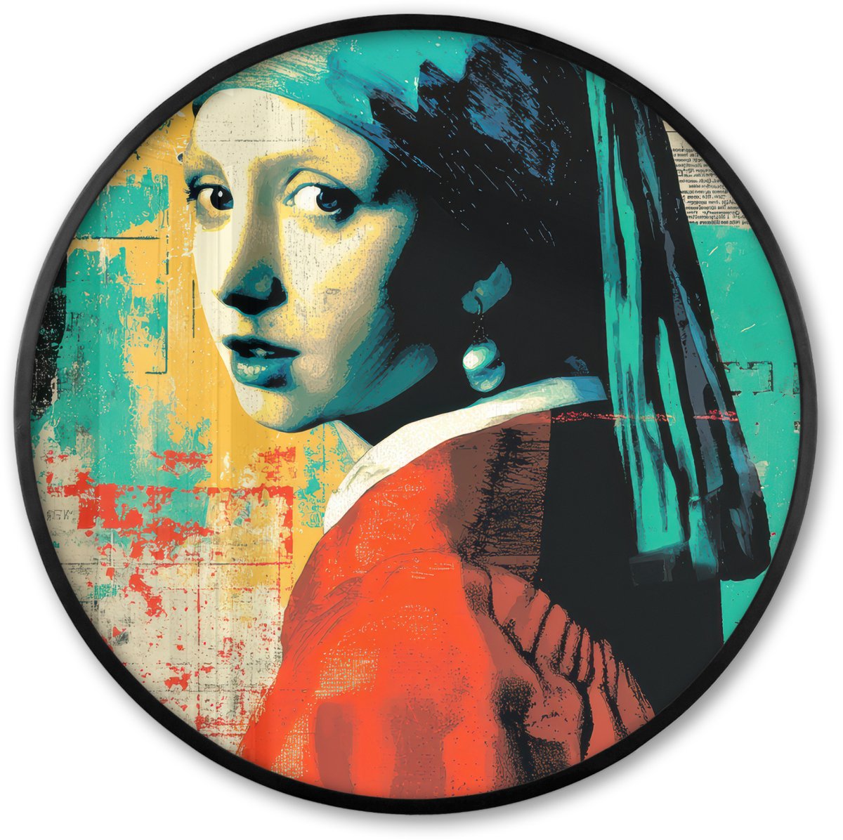 FrameYourWall Poster in lijst Rond - Fotolijst 80x80 cm - Posters - Klassiek - Pareloorbel - Streetartstijl - Kleurrijk - Ronde posterlijst zwart - Decoratie - Wanddecoratie woonkamer - Muurdecoratie slaapkamer Vrouw - Klassiek - Pareloorbel