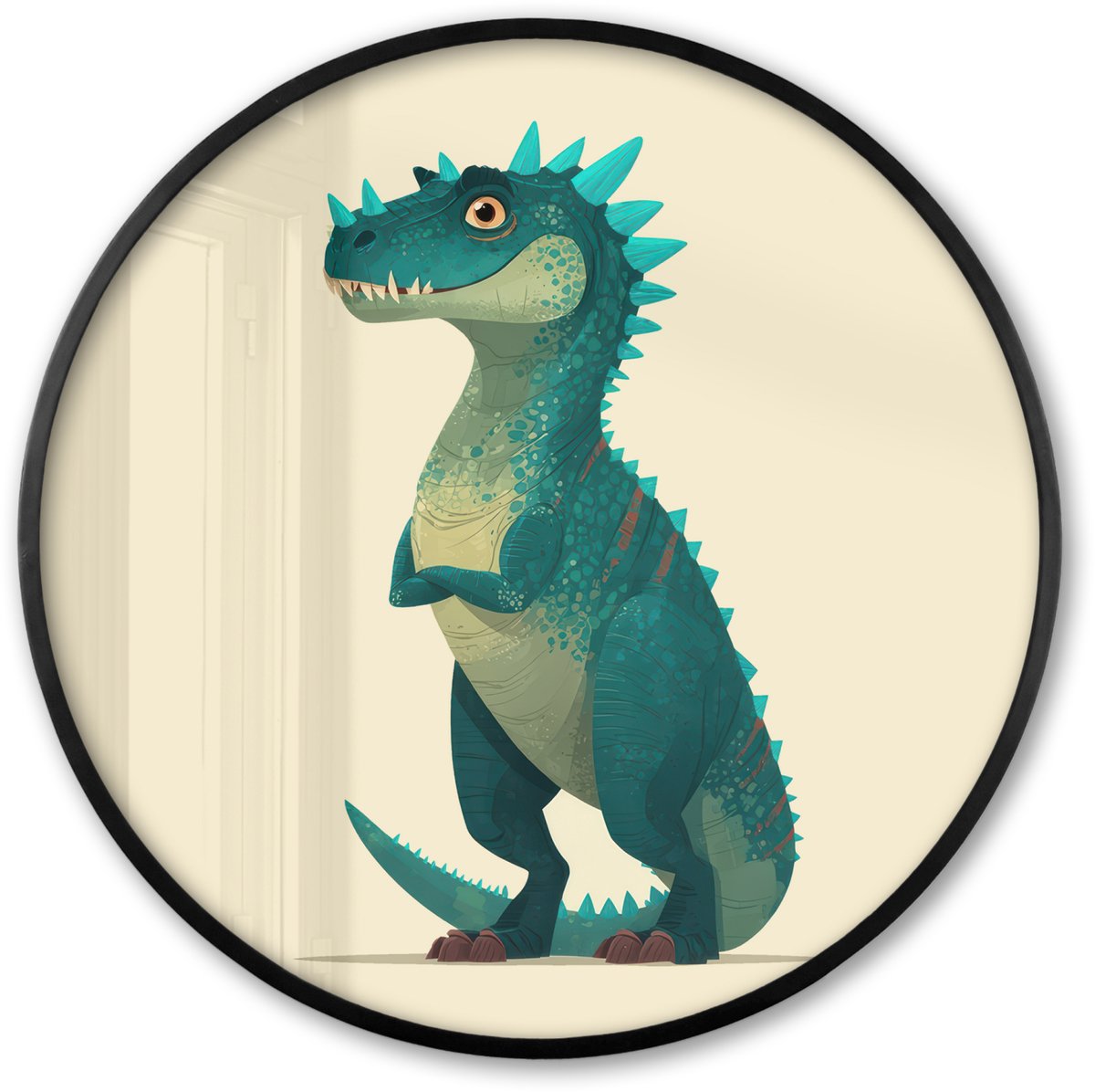 FrameYourWall Poster in lijst Rond - Fotolijst 60x60 cm - Posters - Dinosaurus - Turquoise - Stekels - Ronde posterlijst zwart - Decoratie - Wanddecoratie woonkamer - Muurdecoratie slaapkamer Dinosaurus - Stekels