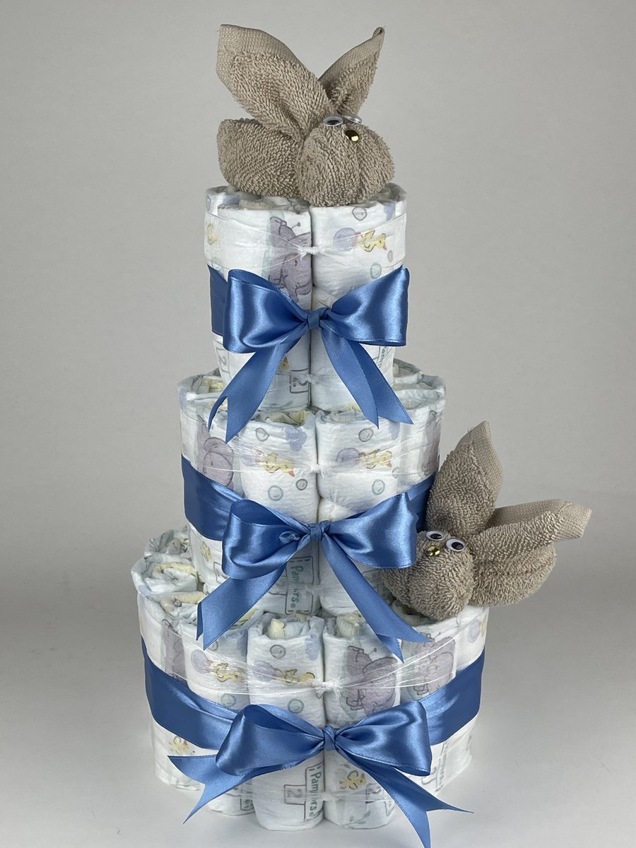 Chouette-Chouette | Luiertaart Jongen | Kraamcadeau | Geboorte Jongen | Babyshower | Konijnen Cream - diep Blauw
