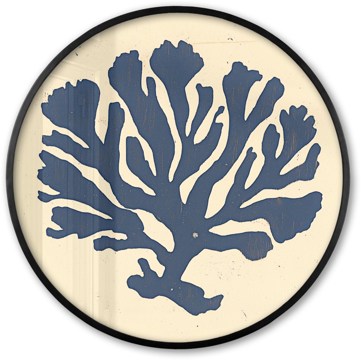 FrameYourWall Poster in lijst Rond - Fotolijst 80x80 cm - Posters - Blauw koraal - Vertakkingen - Beige - Ronde posterlijst zwart - Decoratie - Wanddecoratie woonkamer - Muurdecoratie slaapkamer