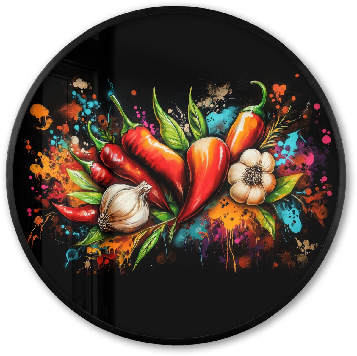 Poster in lijst Rond - Fotolijst 60x60 cm - Posters - Groente - Peper - Knoflook - Graffit