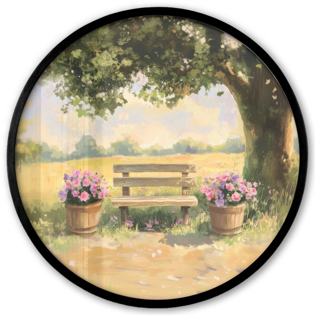 FrameYourWall Poster in lijst Rond - Fotolijst 40x40 cm - Posters - Houten bankje - Bloempotten - Landschap - Ronde posterlijst zwart - Decoratie - Wanddecoratie woonkamer - Muurdecoratie slaapkamer Landschap - Houten bankje
