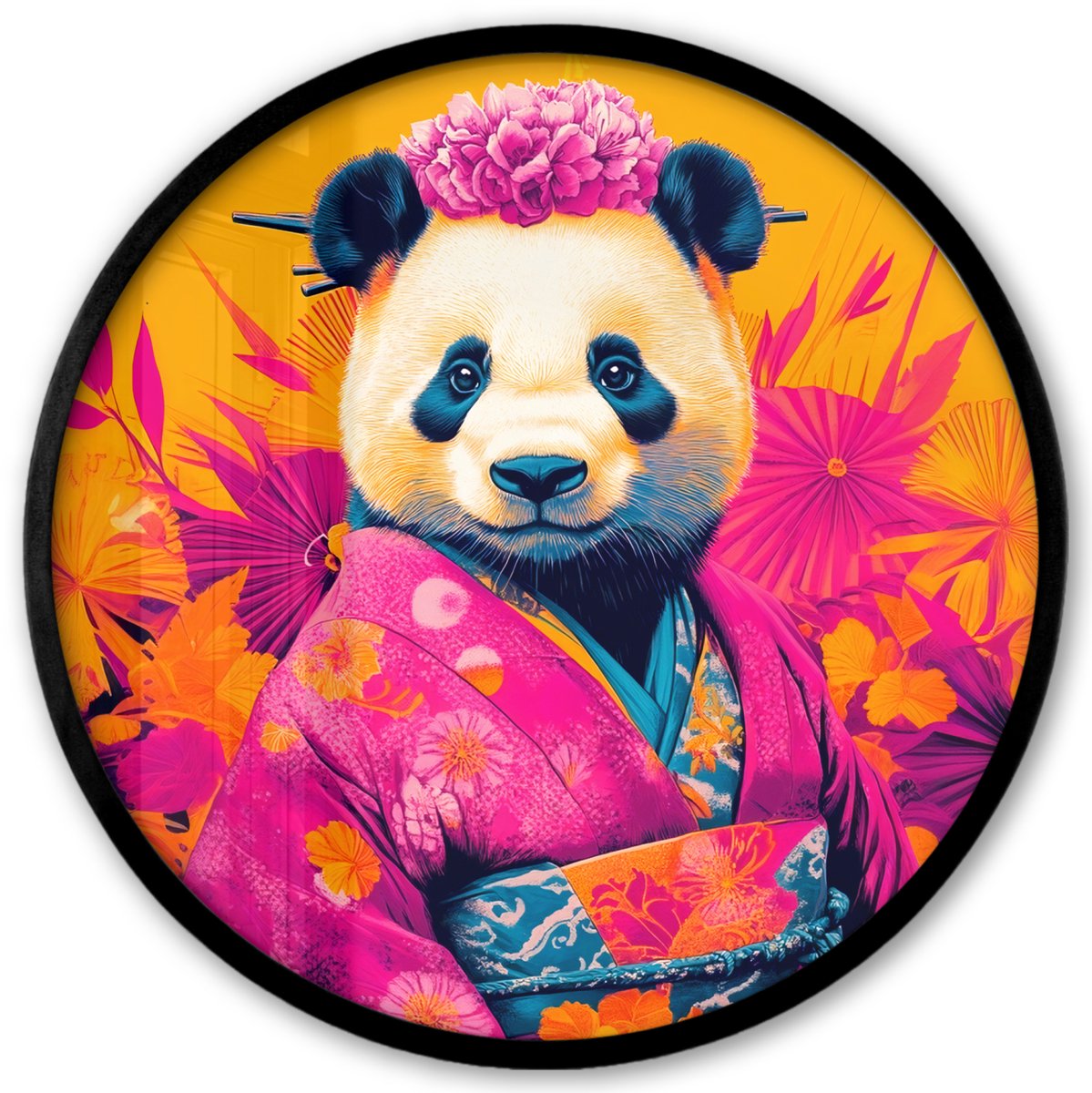FrameYourWall Poster in lijst Rond - Fotolijst 40x40 cm - Posters - Kimono - Roze - Panda - Bloemenkroon - Ronde posterlijst zwart - Decoratie - Wanddecoratie woonkamer - Muurdecoratie slaapkamer