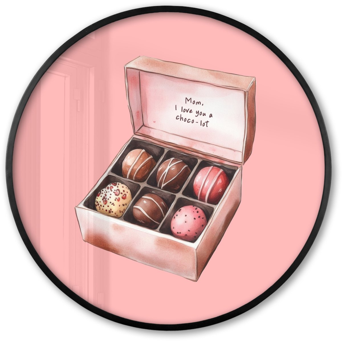 FrameYourWall Poster in lijst Rond - Fotolijst 60x60 cm - Posters - Doosje - Bonbons - Liefdevolle - Tekst - Ronde posterlijst zwart - Decoratie - Wanddecoratie woonkamer - Muurdecoratie slaapkamer Bonbons - Doosje - Tekst