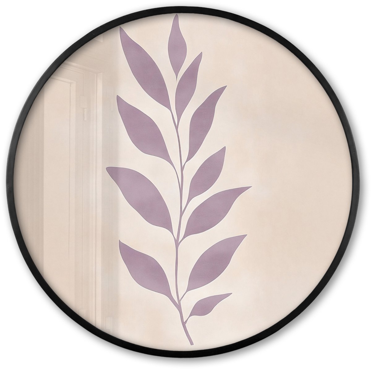 FrameYourWall Poster in lijst Rond - Fotolijst 80x80 cm - Posters - Tak - Bladeren - Minimalistisch - Beige - Ronde posterlijst zwart - Decoratie - Wanddecoratie woonkamer - Muurdecoratie slaapkamer Blad - Minimalistisch