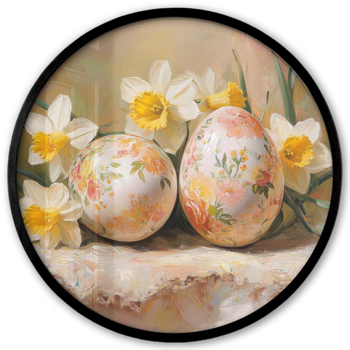 FrameYourWall Poster in lijst Rond - Fotolijst 40x40 cm - Posters - Bloemen - Eieren - Geschilderd - Ronde posterlijst zwart - Decoratie - Wanddecoratie woonkamer - Muurdecoratie slaapkamer Paaseieren - Vintage