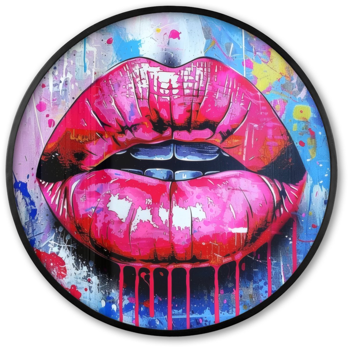 FrameYourWall Poster in lijst Rond - Fotolijst 60x60 cm - Posters - Graffiti - Lippen - Felroze - Geschilderd - Ronde posterlijst zwart - Decoratie - Wanddecoratie woonkamer - Muurdecoratie slaapkamer Lippen - Verf