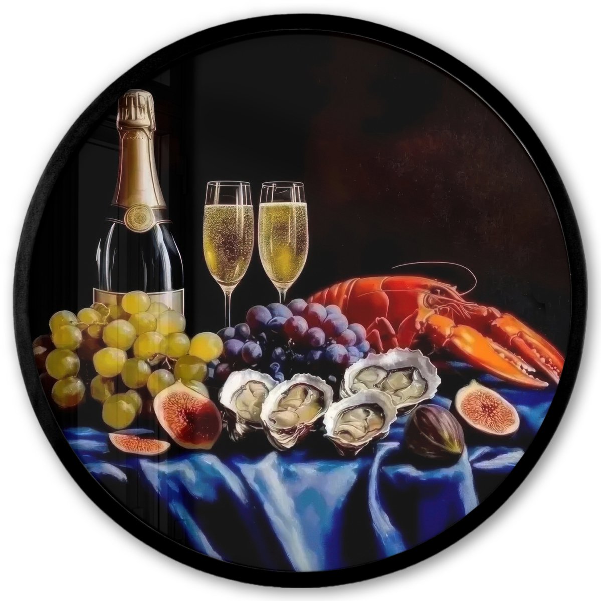 FrameYourWall Poster in lijst Rond - Fotolijst 40x40 cm - Posters - Champagne - Luxe - Oesters - Ronde posterlijst zwart - Decoratie - Wanddecoratie woonkamer - Muurdecoratie slaapkamer Champagne - Stilleven