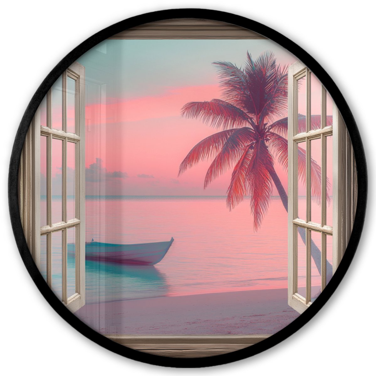 FrameYourWall Poster in lijst Rond - Fotolijst 40x40 cm - Posters - Doorkijk - Strand - Palmboom - Tropisch - Ronde posterlijst zwart - Decoratie - Wanddecoratie woonkamer - Muurdecoratie slaapkamer