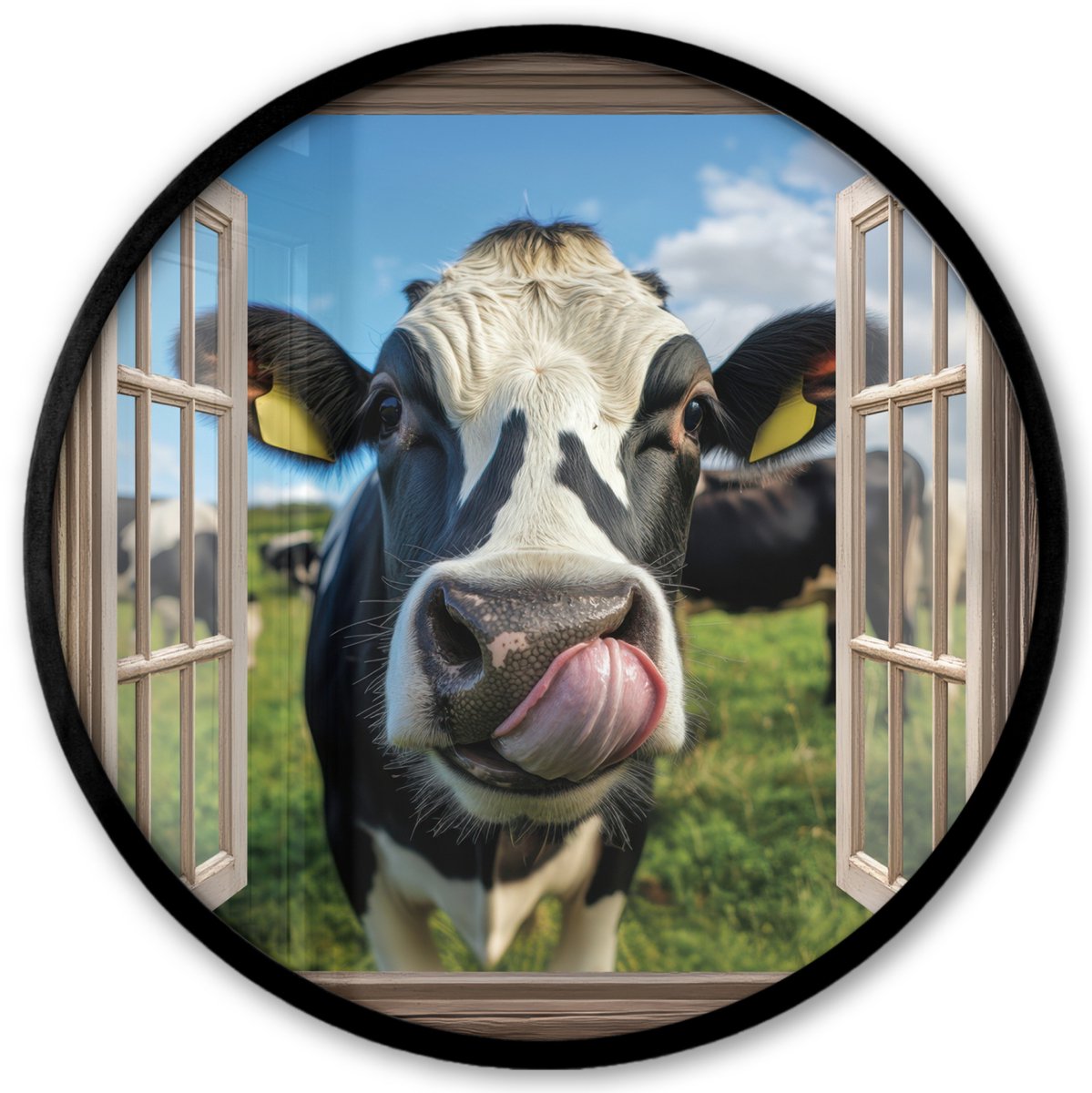 FrameYourWall Poster in lijst Rond - Fotolijst 40x40 cm - Posters - Doorkijk - Koe - Weiland - Dieren - Natuur - Ronde posterlijst zwart - Decoratie - Wanddecoratie woonkamer - Muurdecoratie slaapkamer