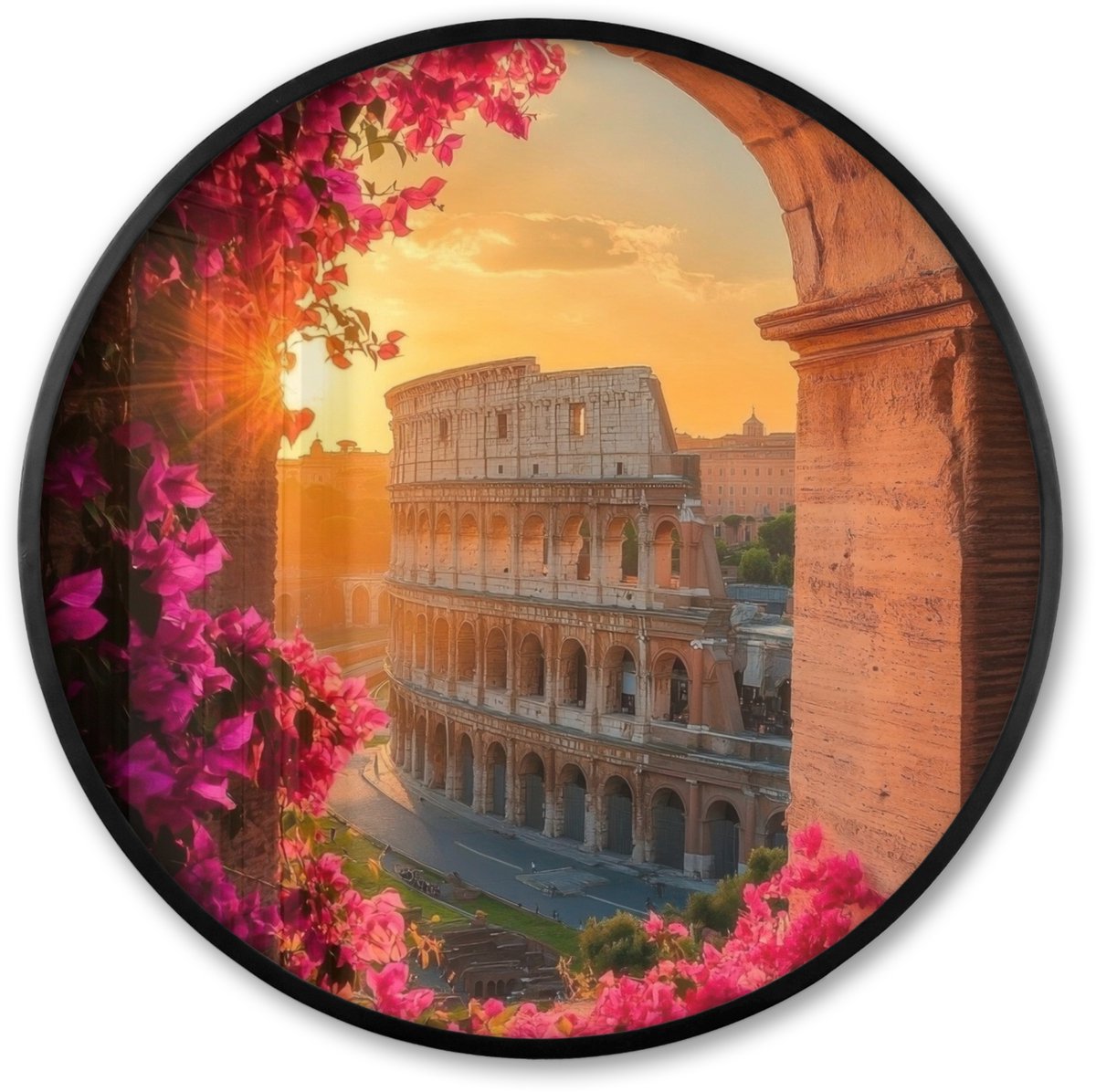 FrameYourWall Poster in lijst Rond - Fotolijst 60x60 cm - Posters - Colosseum - Rome - Roze Bloemen - Ronde posterlijst zwart - Decoratie - Wanddecoratie woonkamer - Muurdecoratie slaapkamer Colosseum - Bloemen