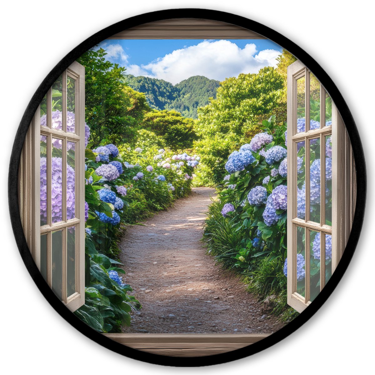 FrameYourWall Poster in lijst Rond - Fotolijst 40x40 cm - Posters - Doorkijk - Hortensia - Pad - Natuur - Ronde posterlijst zwart - Decoratie - Wanddecoratie woonkamer - Muurdecoratie slaapkamer