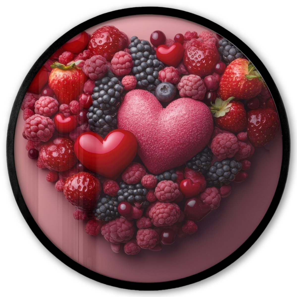 FrameYourWall Poster in lijst Rond - Fotolijst 40x40 cm - Posters - Fruit - Hartjes - Aardbeien - Frambozen - Bosbessen - Ronde posterlijst zwart - Decoratie - Wanddecoratie woonkamer - Muurdecoratie slaapkamer