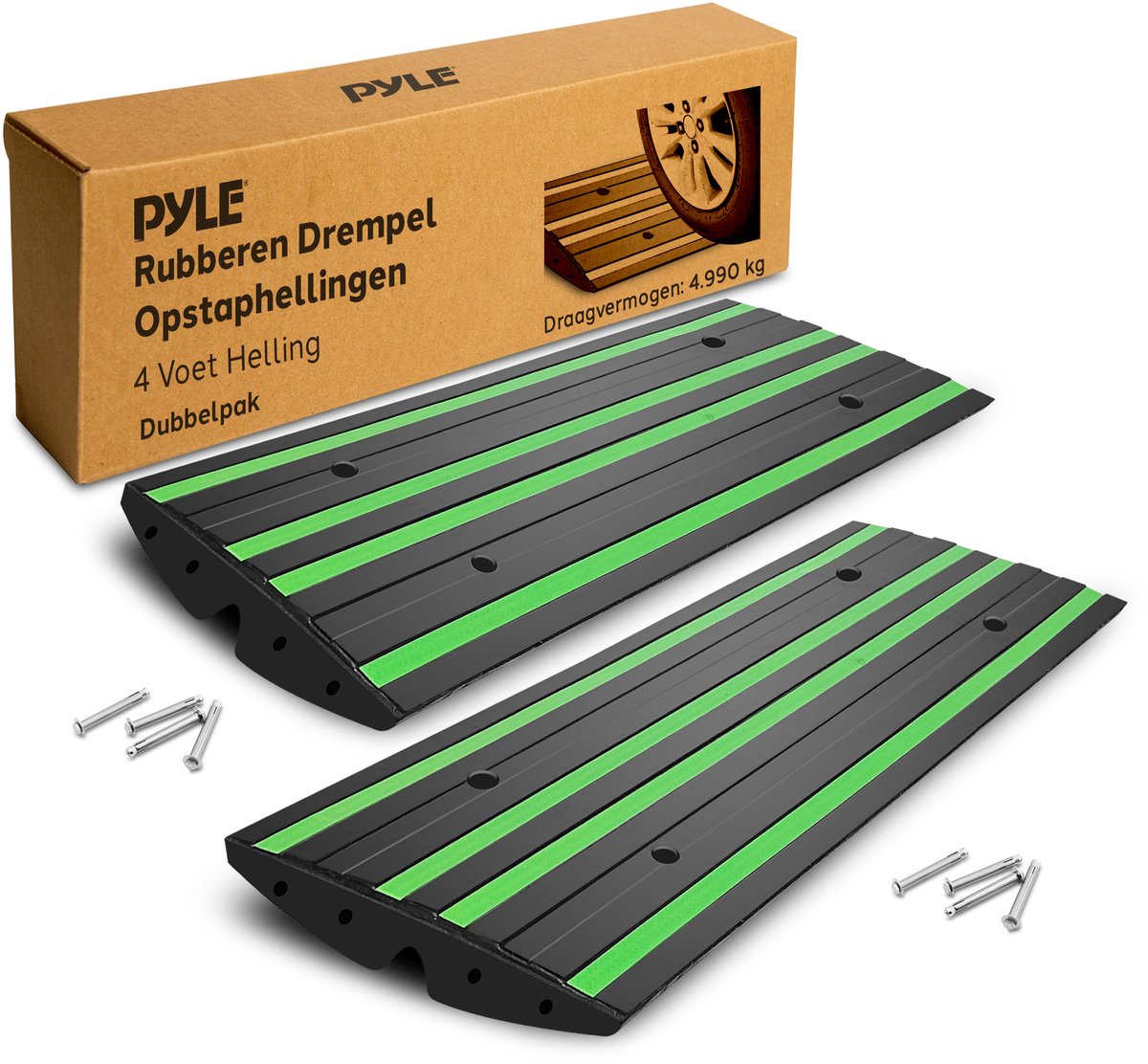Pyle Rubberen Drempeloprit 4 ft – Set van 2 Zware Antislip Autoplaat voor Oprit, Garage & Stoep – Waterdicht met Groene Reflecterende Strepen – Inclusief Schroeven – 48x16x2,6 inch