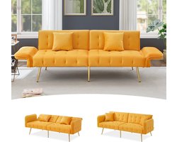 Tweezits multifunctioneel sofa-bed met slaapfunctie, verstelbare rugleuning en verstelbare armleuningen. Moderne opklapbare sofa-bed voor woonkamer - met fluwelen hoes. Royale slaapruimte-geel