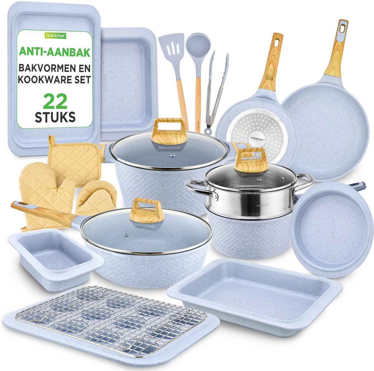 NutriChef Pannenset- Inductie 22-delige Anti-aanbak Pannenset - Professionele pannen, potten & hittebestendige tools