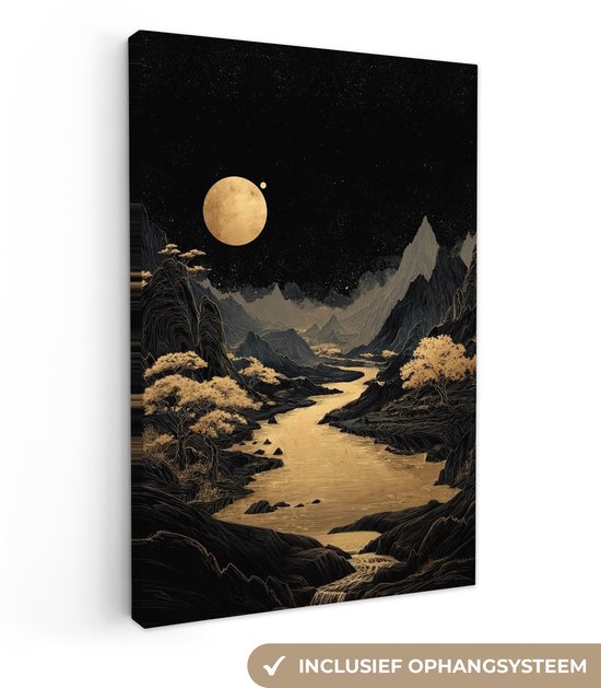 Canvas schilderij 80x120 cm - Wanddecoratie Gouden rivier - Bergen - Maan - Sterrenhemel - Muurdecoratie woonkamer - Slaapkamer decoratie - Kamer accessoires - Schilderijen op canvas