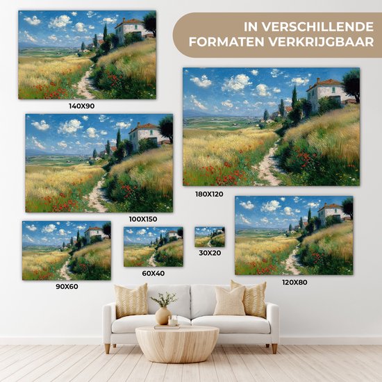 Tableau sur toile 120x80 cm - Décoration murale Chemin de sable - Maison - Arbres - Pelouse - Décoration murale salon - Décoration chambre - Accessoires chambre - Peintures sur toile