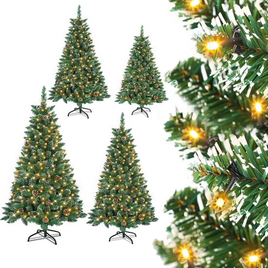 240cm Kunstkerstboom met lichtgevende groene PVC met sneeuweffect & dennenappels LED PVC kerstboom dennenboom decoratieve boom met standaard Kerstversiering voor kerstversiering