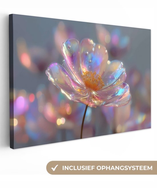Une fleur transparente et brillante aux reflets nacrés et aux gouttes d'eau, sur un fond doux en bokeh de fleurs pastel. Système de suspension inclus.