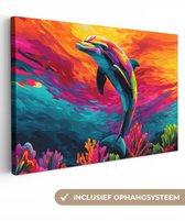 Tableau sur toile 60x40 cm - Décoration murale Dauphin - Coloré - Océan - Corail - Décoration murale salon - Décoration chambre - Accessoires chambre - Peintures sur toile