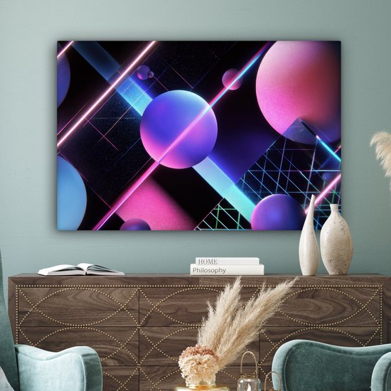 Canvas schilderij 120x80 cm - Wanddecoratie Bollen - Neon - Lijnen - Roze - Muurdecoratie woonkamer - Slaapkamer decoratie - Kamer accessoires - Schilderijen op canvas