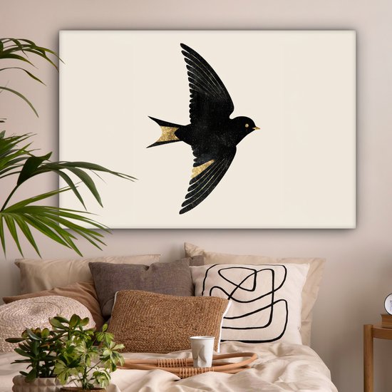 Canvas schilderij 120x80 cm - Wanddecoratie Zwarte zwaluw - Gouden accenten - Lichte achtergrond - Muurdecoratie woonkamer - Slaapkamer decoratie - Kamer accessoires - Schilderijen op canvas