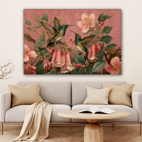Tableau sur toile 120x80 cm - Décoration murale Colibris - Fleurs - Vert - Rose - Décoration murale salon - Décoration chambre - Accessoires chambre - Peintures sur toile