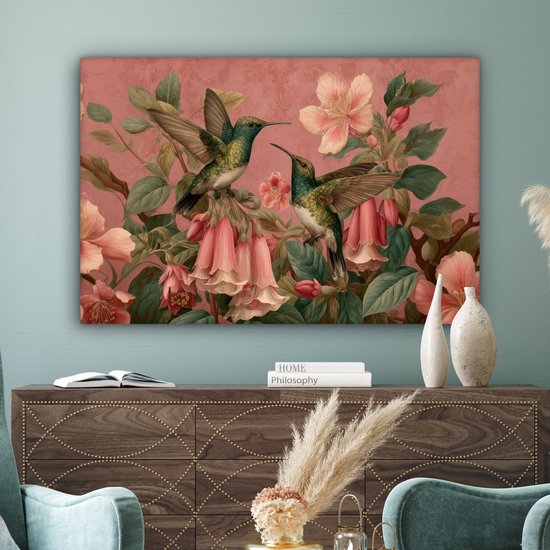Tableau sur toile 120x80 cm - Décoration murale Colibris - Fleurs - Vert - Rose - Décoration murale salon - Décoration chambre - Accessoires chambre - Peintures sur toile